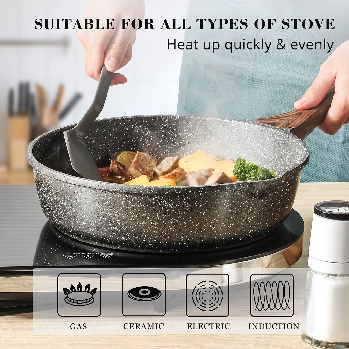 SENSARTE Nonstick Deep Frying Pan Skillet, 12-inch Saute Pan with Lid, Stay-cool Handle, Chef Pan Healthy Stone Cookware Cooking Pan, Induction Compatible, PFOA Free