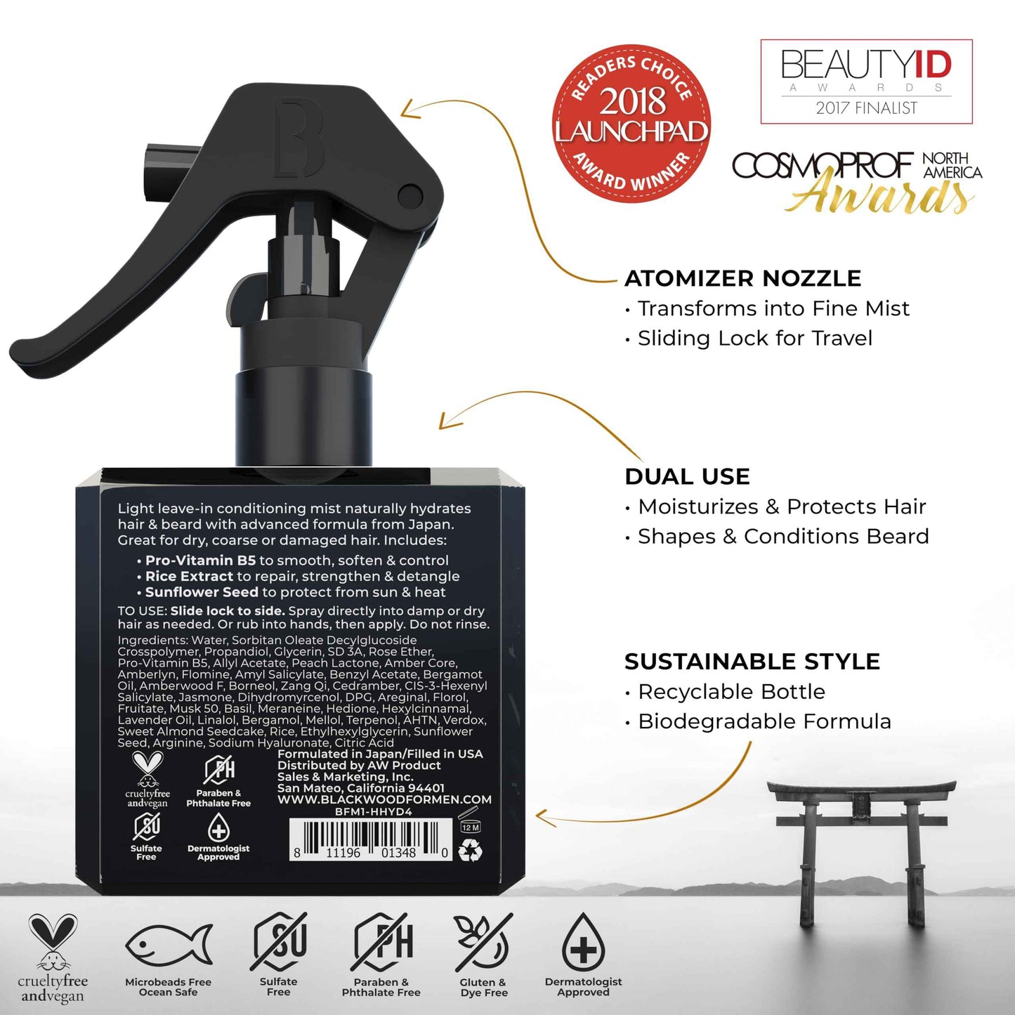 Blackwood For Men Hair & Beard Hydrator Spray (4oz) + Double Duty Beard & Body Scrubber Bundle - Vegan & Natural Leave-In Conditioner - Dual-Sided Men's Shower Tool