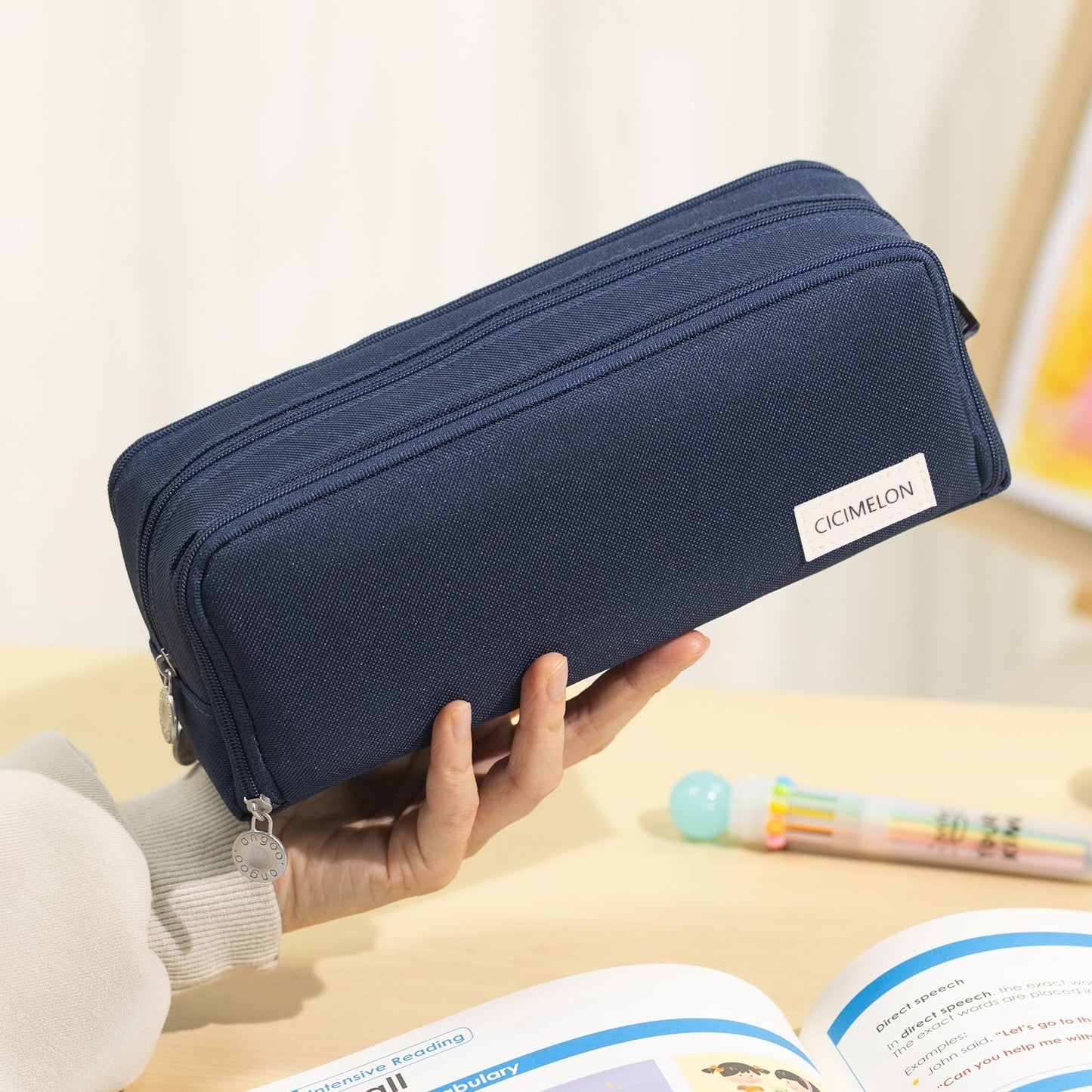 CICIMELON Large Capacity Pencil Case 3 Compartment Pouch Pen Bag for School Teen Girl Boy Men Women (Navy)