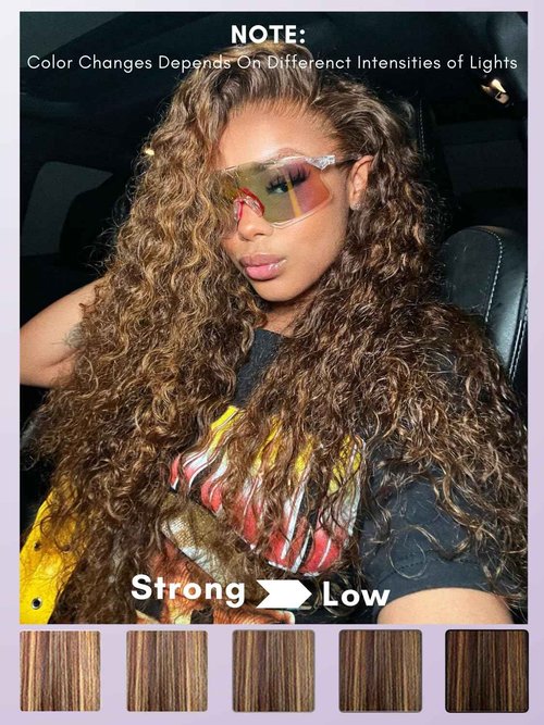 AUROO Honey Blonde Highlight Deep Wave Single Bundles Human Hair, 100% Thick Track 12A Virgin Brazilian Weaves P4/27 Balayage Ombre Brown Curly Water Wave Colored Human Hair Bundles Sew In 14 Inch
