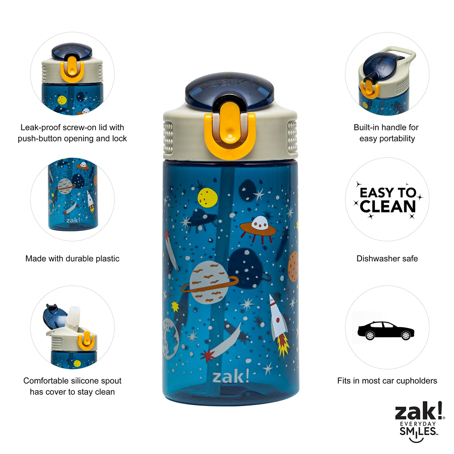 Zak Designs Kids Water Bottle For School or Travel, 16oz Durable Plastic Water Bottle With Straw, Handle, and Leak-Proof, Pop-Up Spout Cover (Space)