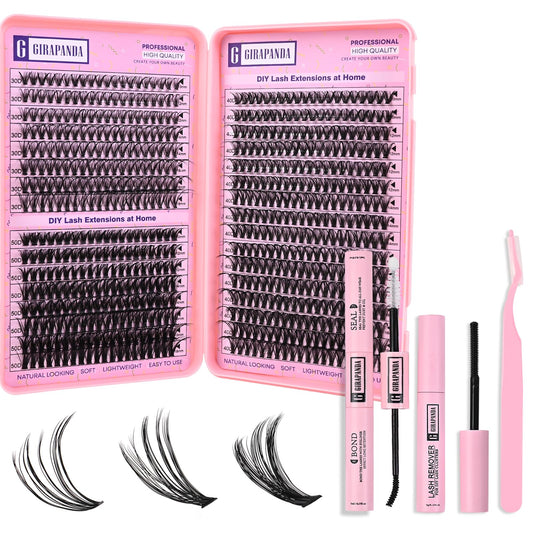 Girapanda DIY Lash Extension Kit with Lash Bond and Seal, Lash Remover, 640PCS Cluster Eyelash Extensions 30D 40D 50D Individual Lashes D Curl Mixed 10-18mm Eyelash Extensions Kit at Home