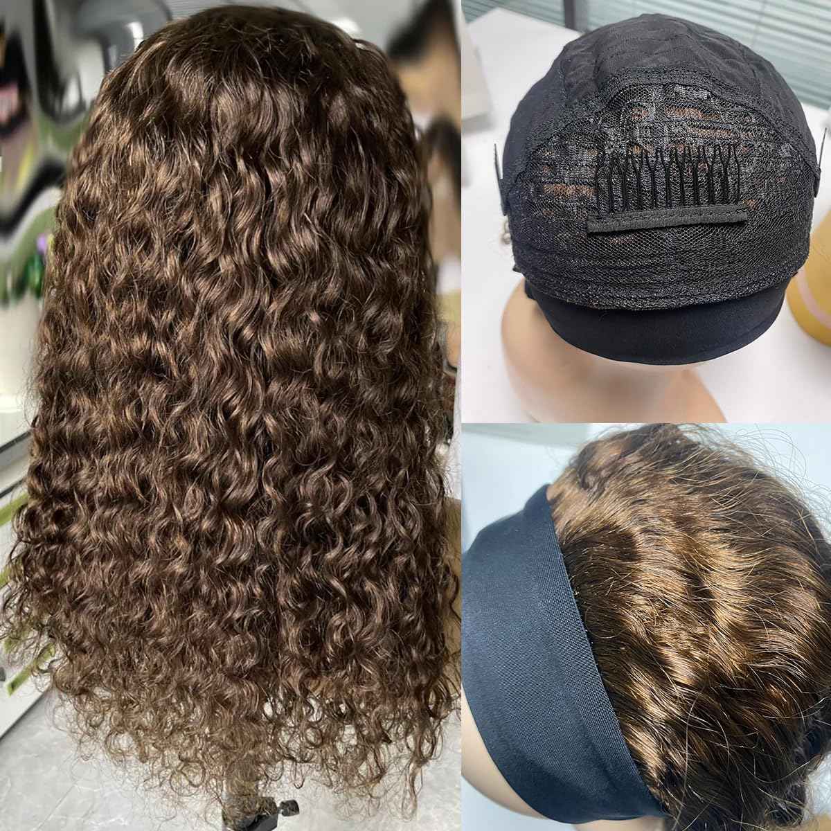 XSY Chocolate Brown Headband Wig Human Hair Deep Wave Headband Wigs Human Hair None Lace Front Wigs Human Hair for Women 150% Density Wig Curly Hair (12 Inch)