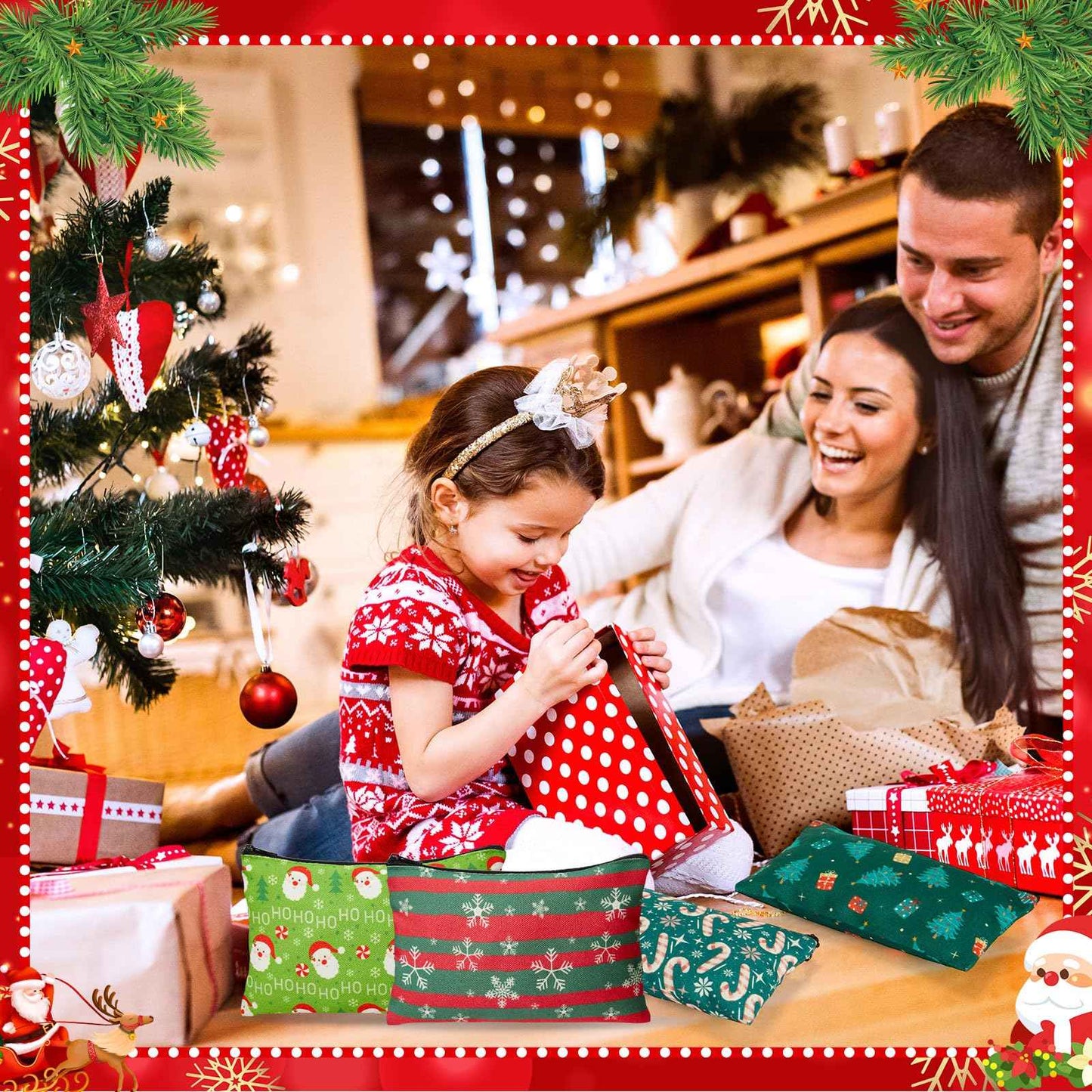 Meanplan 24 Pcs Christmas Makeup Bags Bulk Gifts Holiday Cosmetics Storage Bags Xmas Tree Santa Snowman Candy Cane Purse Double Sided Zipper Pouch for Women Travel Holiday Goodie Present