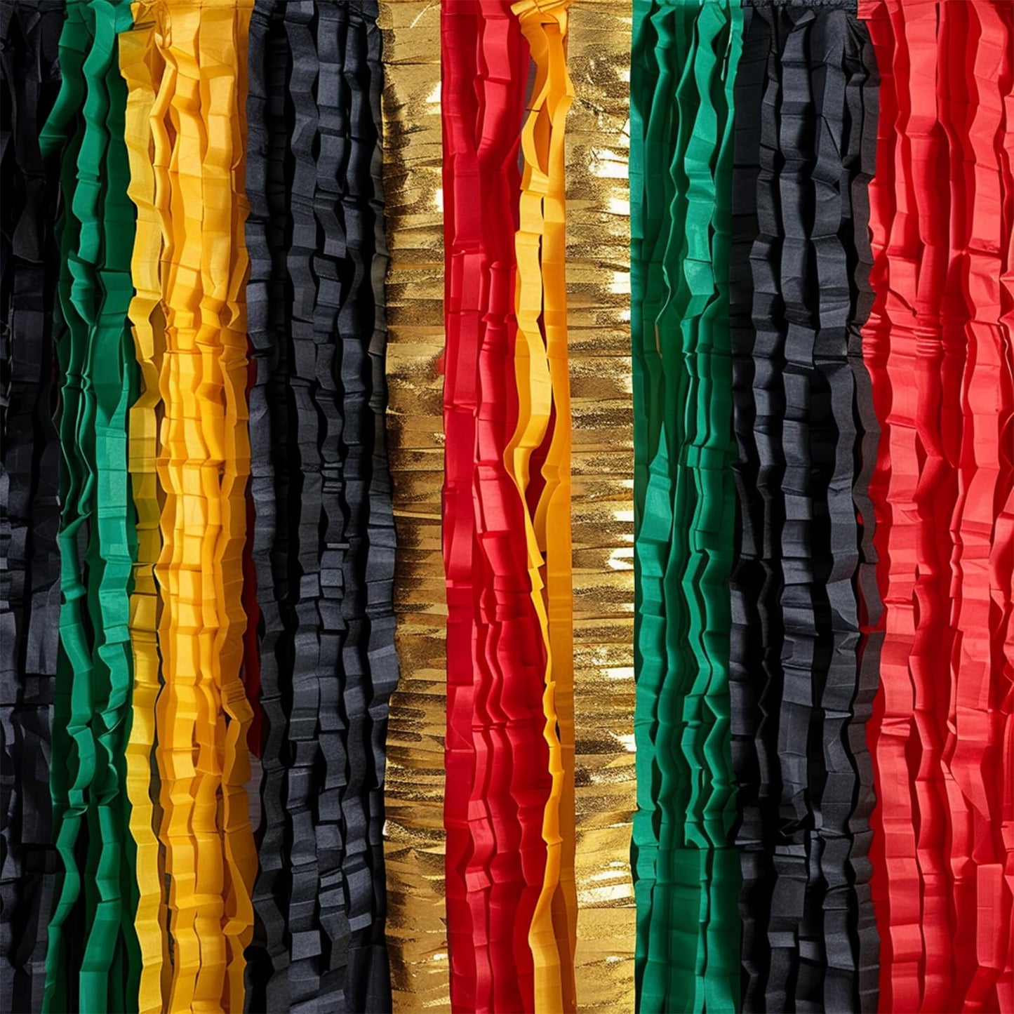 PartyWoo Crepe Paper Streamers 6 Rolls 492ft, Pack of Metallic Gold Black Green Red Yellow Crepe Paper Streamers, Crepe Paper for Black History Month Party Decorations (1.8 in x 82 Ft/Roll)