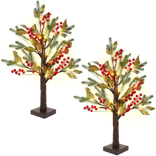 DR.DUDU 2 Pack Christmas Tree Decoration, Small Trees with Lights for Table, 24″ Pre-lit Artificial Christmas Tree Battery Operated with Red Berries Gold Leaves for Xmas Tabletop Indoor Home Decor