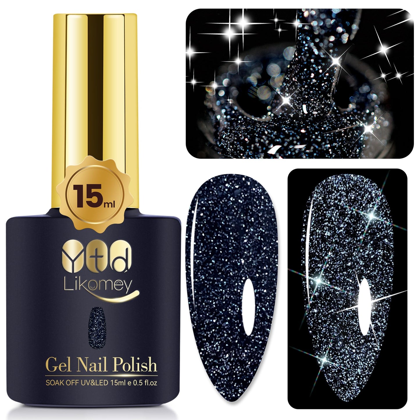 YTD Likomey Reflective Glitter Gel Nail Polish,15ml Black Flash Diamond Shimmer Nails Gel,Dark Blue Tone Black Sparkly Shiny Salon Home Nail Art Manicure UV Nail Gel,SZ010