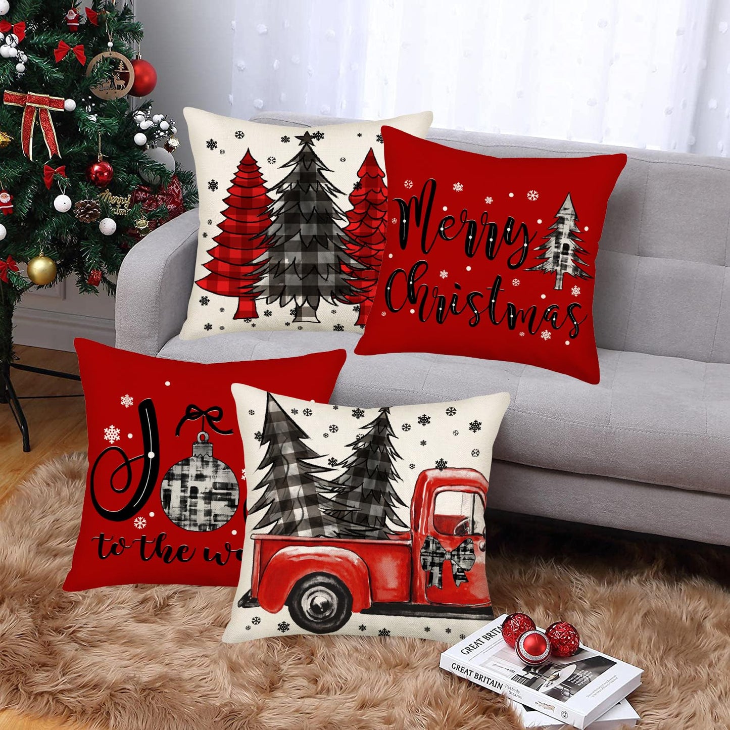 Fukeen Merry Christmas Pillow Covers 22x22 Inch Set of 4 Red Black Buffalo Plaid Farmhouse Truck Christmas Tree Decorations Throw Pillows Snowflake Joy to The World Winter Cushion Covers Couch