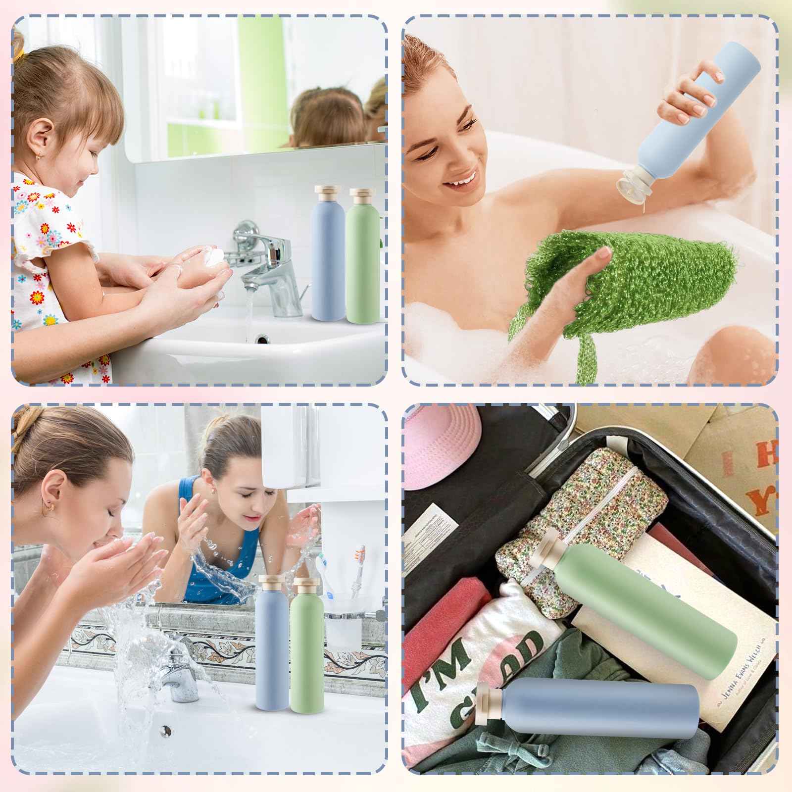 Molain 2Pcs Squeeze Bottles, 260ml Plastic Refillable Travel Containers with Flip Cap - Leak Proof for Shampoo, Creams, Lotion, Conditioner (Blue+Green)