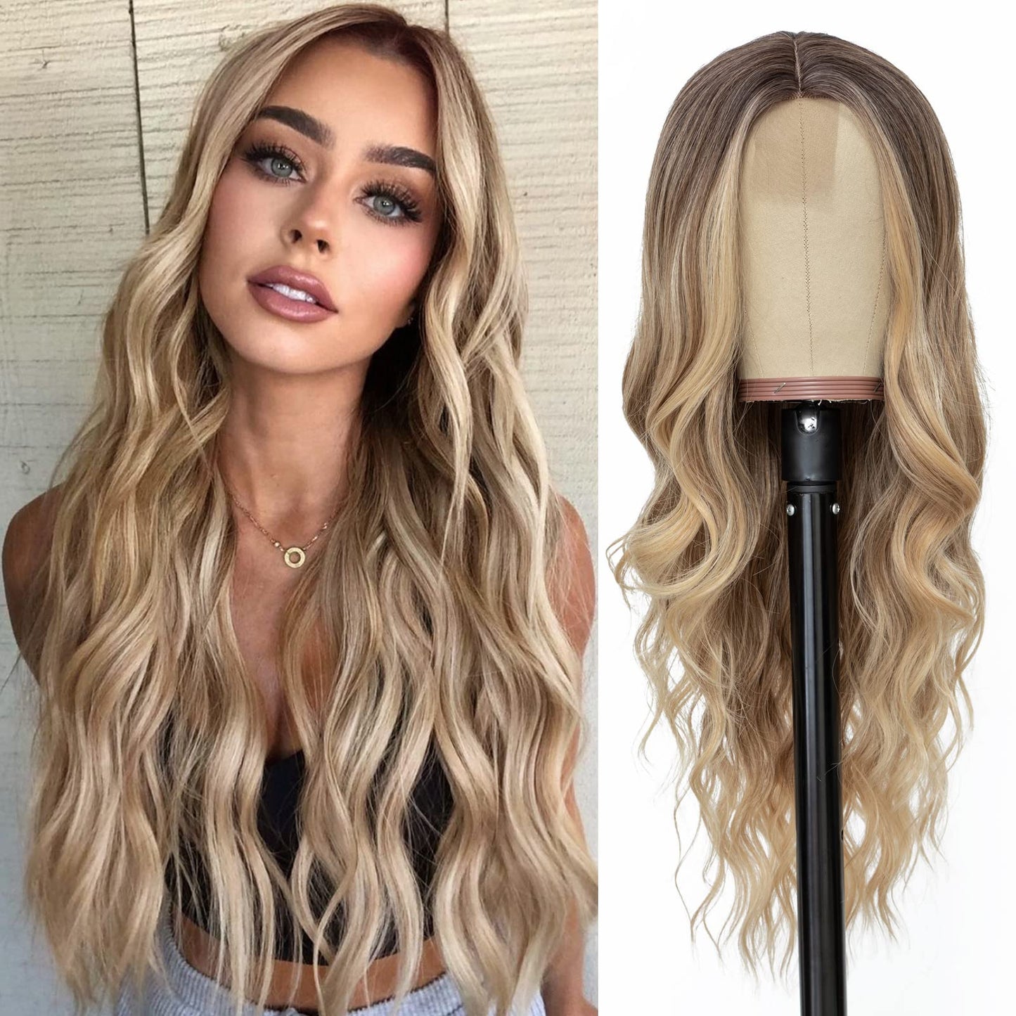 NAYOO Long Ombre Blonde Wavy Wig for Women 26 Inch Middle Part Curly Wavy Wig Natural Looking Synthetic Heat Resistant Fiber Wig for Daily Party Use (Ombre Blonde)