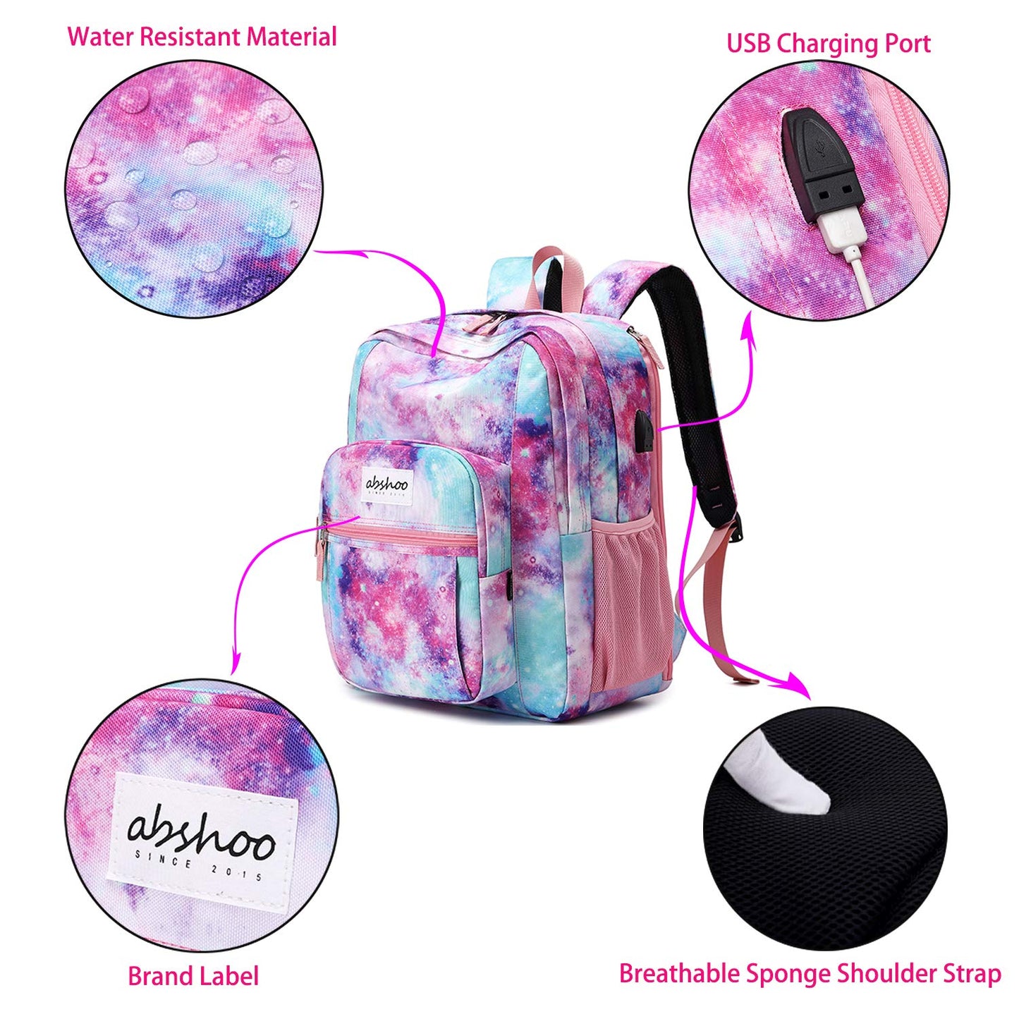 abshoo Classical Basic Women Travel Laptop Backpack School Bookbag for College Teen Girls Backpack with USB Charging Port (USB Galaxy Pink)