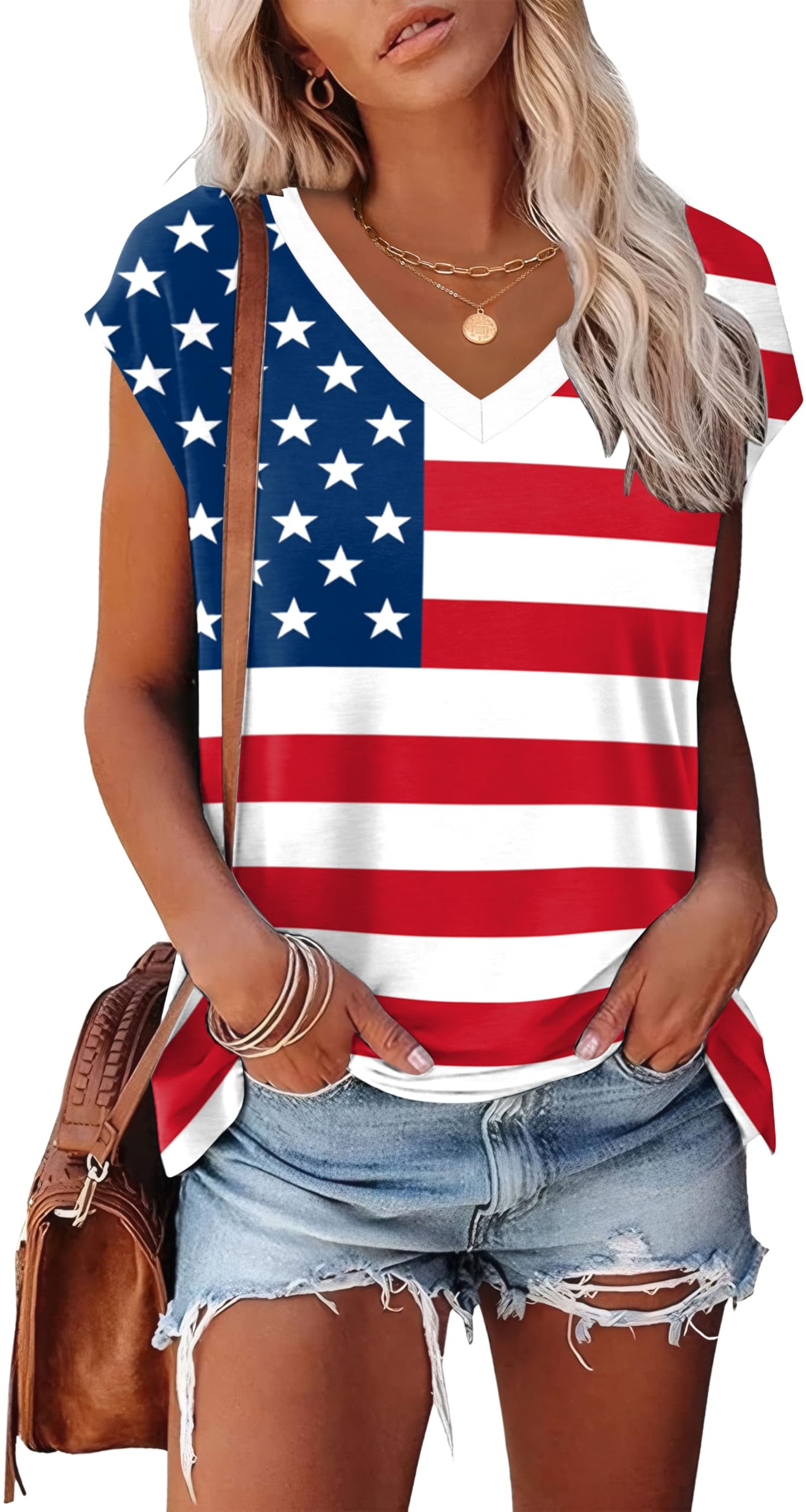 Stars and Stripes Shirts for Women Cap Sleeve Summer Tops Trendy Tank Tops V Neck Loose Fit Shirts S