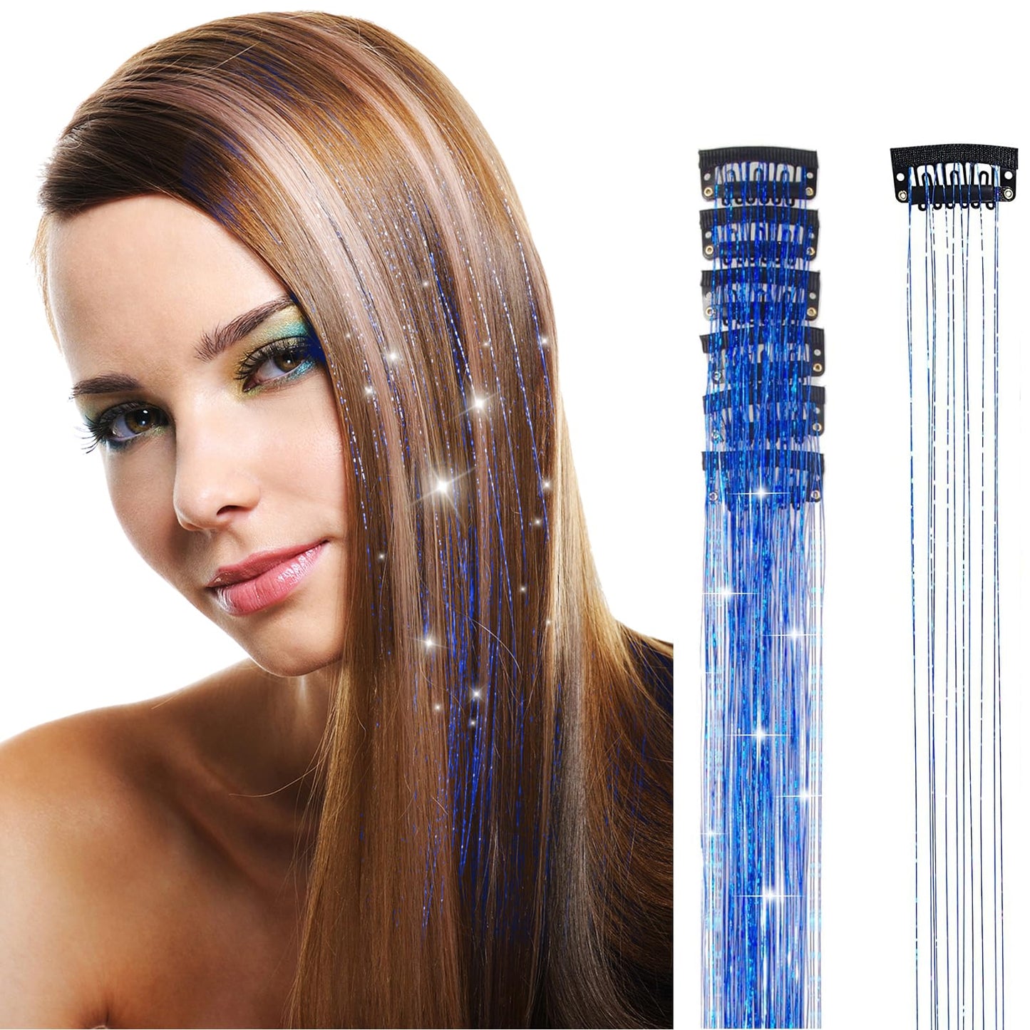 Bordedor 6Pcs Hair Tinsel Clip in 20 Inch Tinsel, Hair Extensions Clip in Hair Tinsel Kit Heat Resistant Shiny Sparkle Glitter Hair Extensions Fairy Hair Accessories for Women Girls Kids (Rainbow)