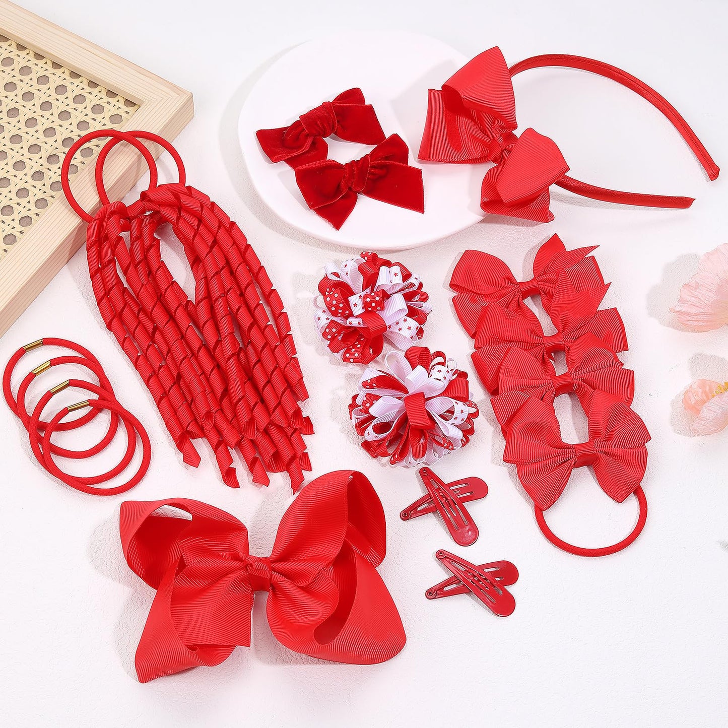 CN 20PCS Red Hair Bows for Girls, Bow Hair Clips Headband Hair Ties Hair Barrettes Ponytail Holders Curly Koker Bows Hair Accessories School Uniform Set for Little Girls Teens Toddler