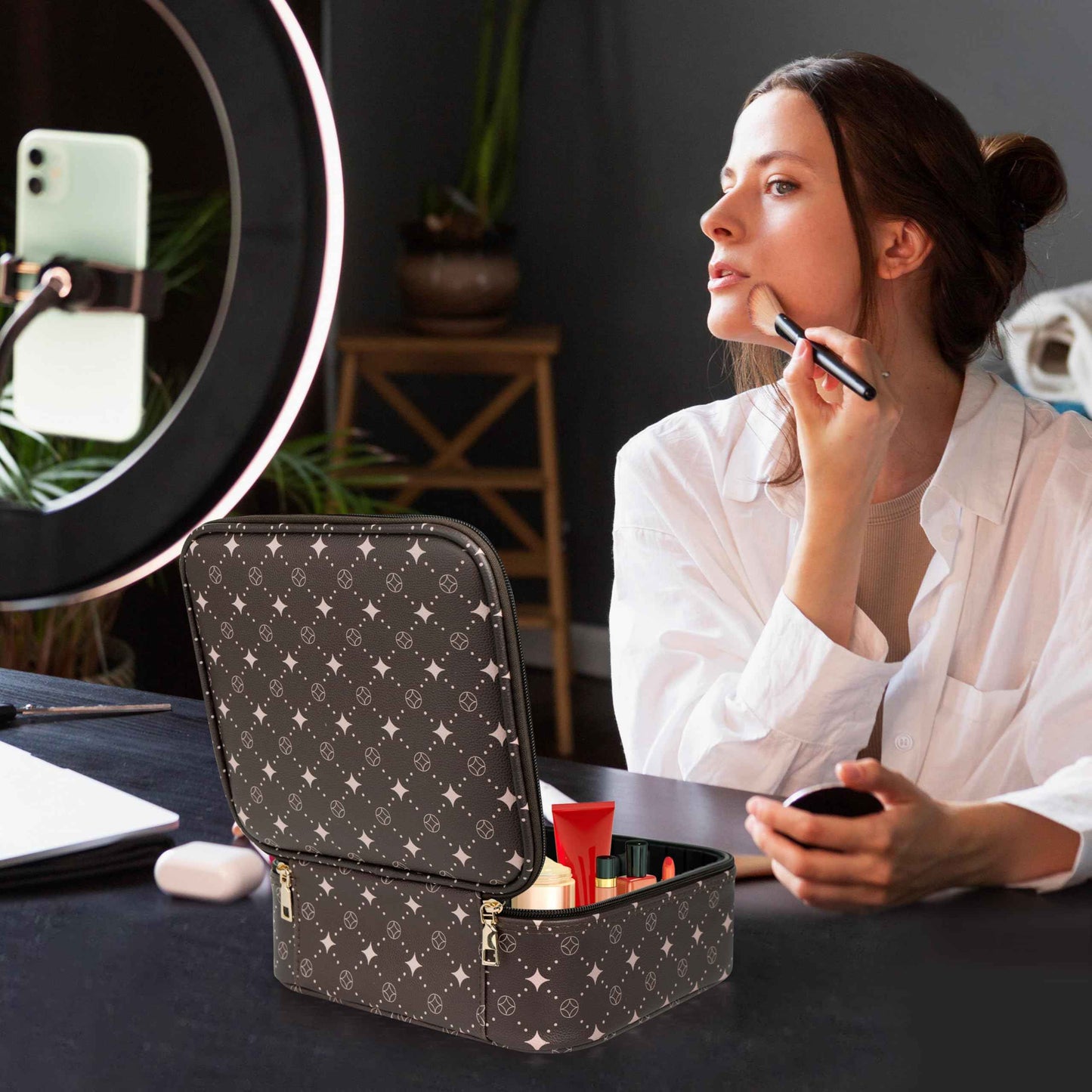 Travel Makeup Bag,Waterproof Cosmetic Organizer, Adjustable Dividers,Portability Cosmetic Train Case,Makeup organizer,Gift for Women,Girls Gift (Coffee+Pink)