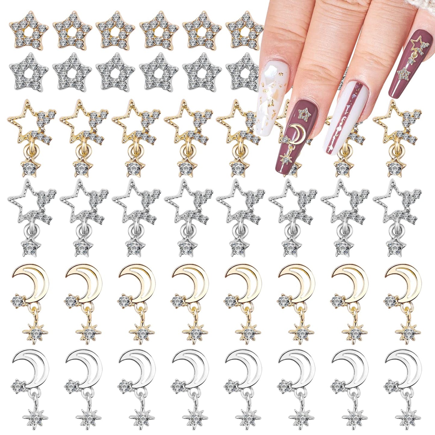 Kalolary Rhinestones 48Pcs, Silver & Gold Stars and Moon Nail Art Decoration, Shiny Diamond Crystal Decorative Nail Ornaments for DIY Crafts