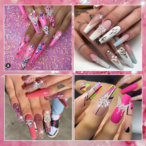 70PCS Silver Nail Charms,Y2K Nail Art Rhinestone Charms 3D Heart Bow Star with Rhinestones,Charms for Nails Design,Accessories Supplies (Silver Pink 2)