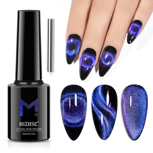 MIZHSE 9D Cat Eye Gel Nail Polish 10ml, Holographic Galaxy Cateye Magnetic Nail Polish Gel, Magic Chameleon Manicure Set(Blue)