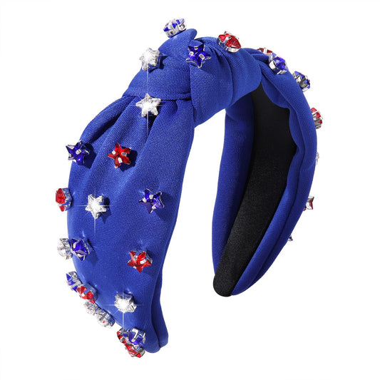 4 th of July Headband for Women American Flag Knottted Headband Red White Blue Crystal Star Charm Headpiece Fourth of July Patriotic Top Knot Wide Hairband Independence Day Party Favor Decor (blue knot headband)