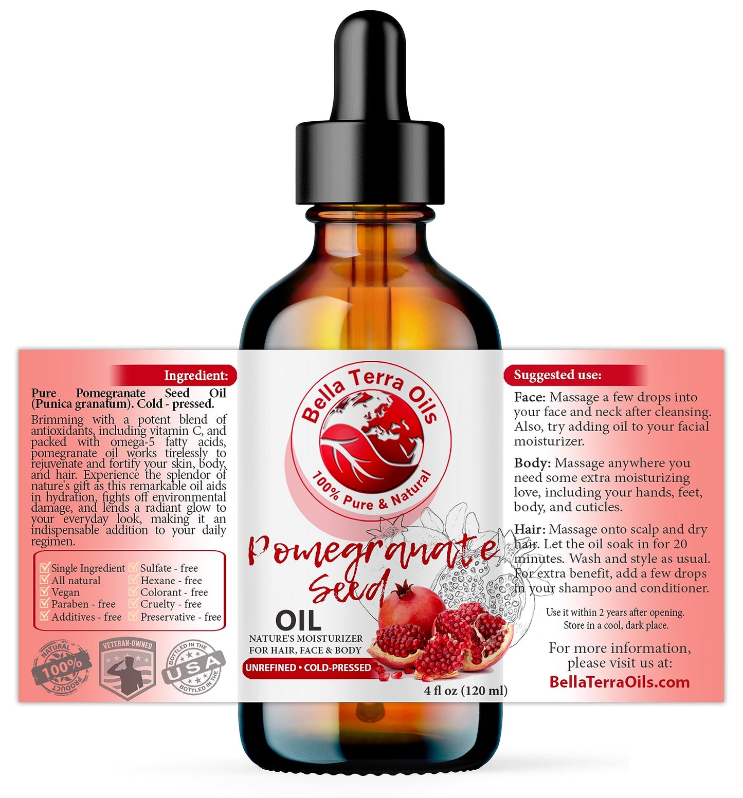 Bella Terra Oils - Organic Pomegranate Seed Oil 4oz - Basking in Phytosterols & Linoleic Acid, The Ultimate Blend for a Silken Touch & Healthy-Looking Glow