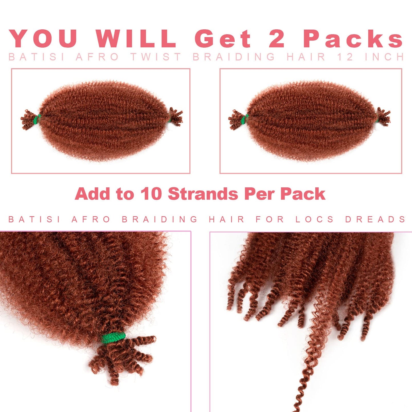 BATISI Pre Fluffed Afro Spring Twist Hair Copper #350 Short 12 Inch Springy Afro Twist Hair Braiding 2 Packs Pre Separated Marley Twist Kinky Hair Ginger Wrapping Hair for Soft Locs