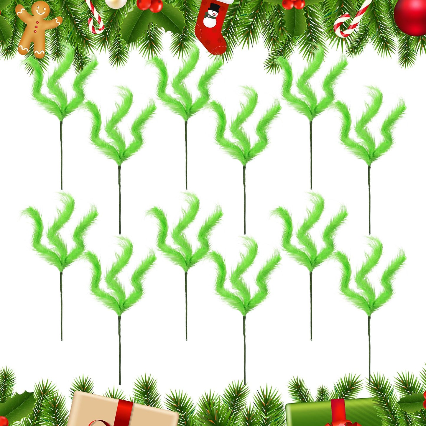 Gerrii 12 Pcs Green Furry Christmas Picks 16" Furry Spiral Curly Sprays Elf Ornaments Stems for Christmas Tree Topper Filler Branches Home Office Holiday Party Decorations