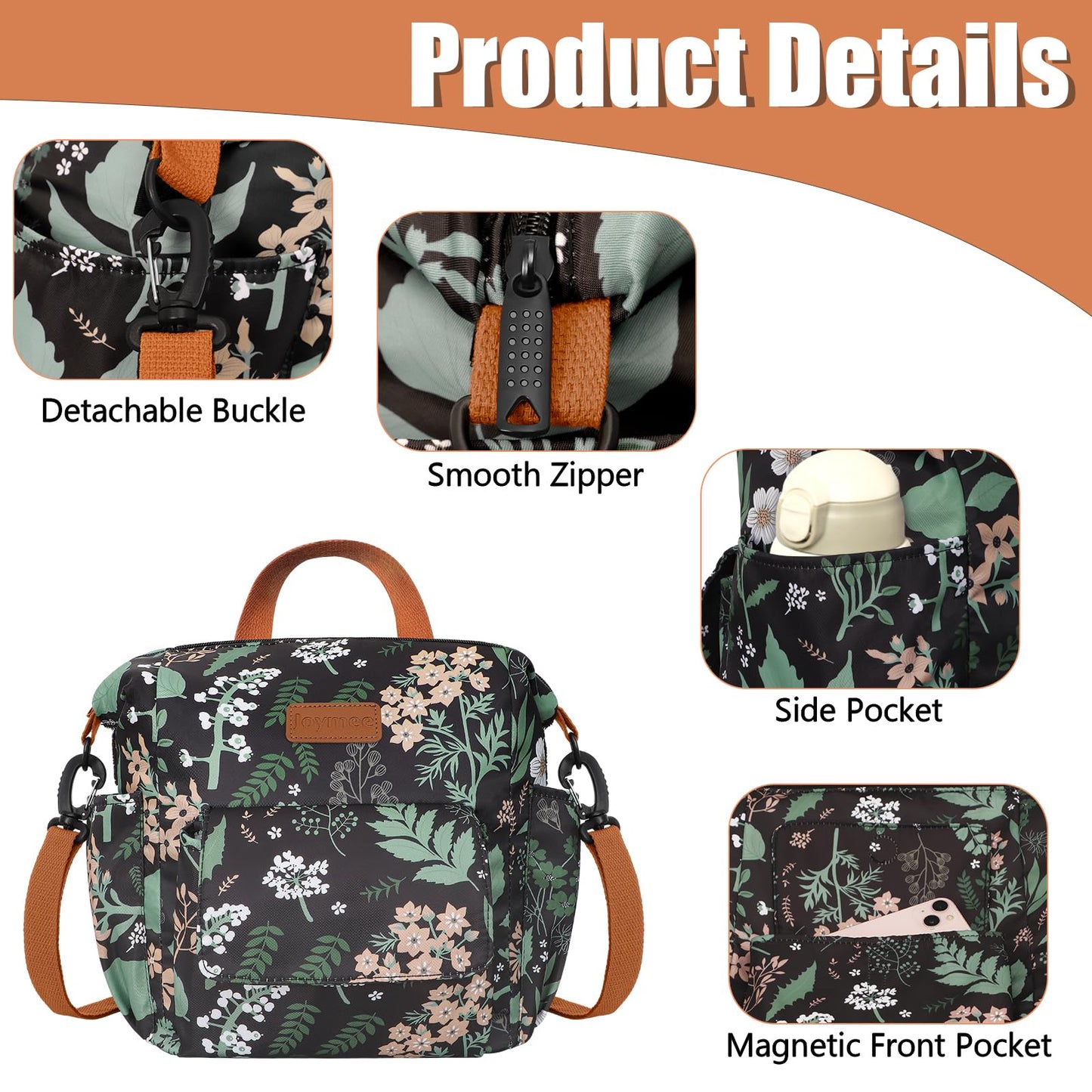 Joymee Insulated Lunch Bag for Women Men- Leak-proof Large Capacity Reusable Versatile Lunch Bag Adjustable Shoulder Strap Side Pockets- Lunch Cooler Bag for Adult - for Trip, Picnic, Work,Leaf