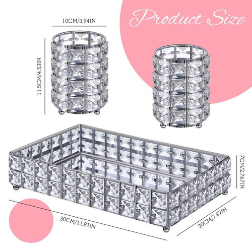 3 Pieces Crystal Makeup Brush Holder Organizer Vanity Makeup Tray Set, 2 Pcs Crystal Bling Cosmetics Brushes Cup 1 Storage Jewelry Trinket Tray Bathroom Sink Vanity Trays, 11.81 x 7.87 x 2.76 Inch