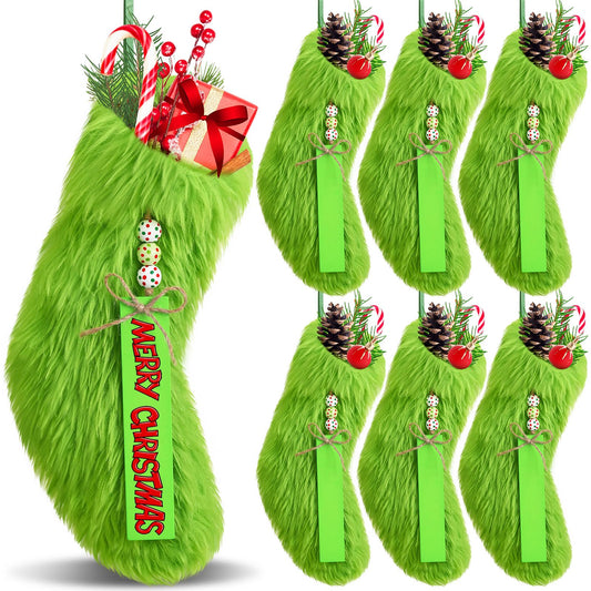 Moucuny 6 Sets Christmas Stocking Name Tags DIY 18 Inches Stocking Sign Lime Green Faux Fur Christmas Stockings with Blank Wooden Tags Beads Hanging Tags for Christmas Tree Farmhouse Xmas Party