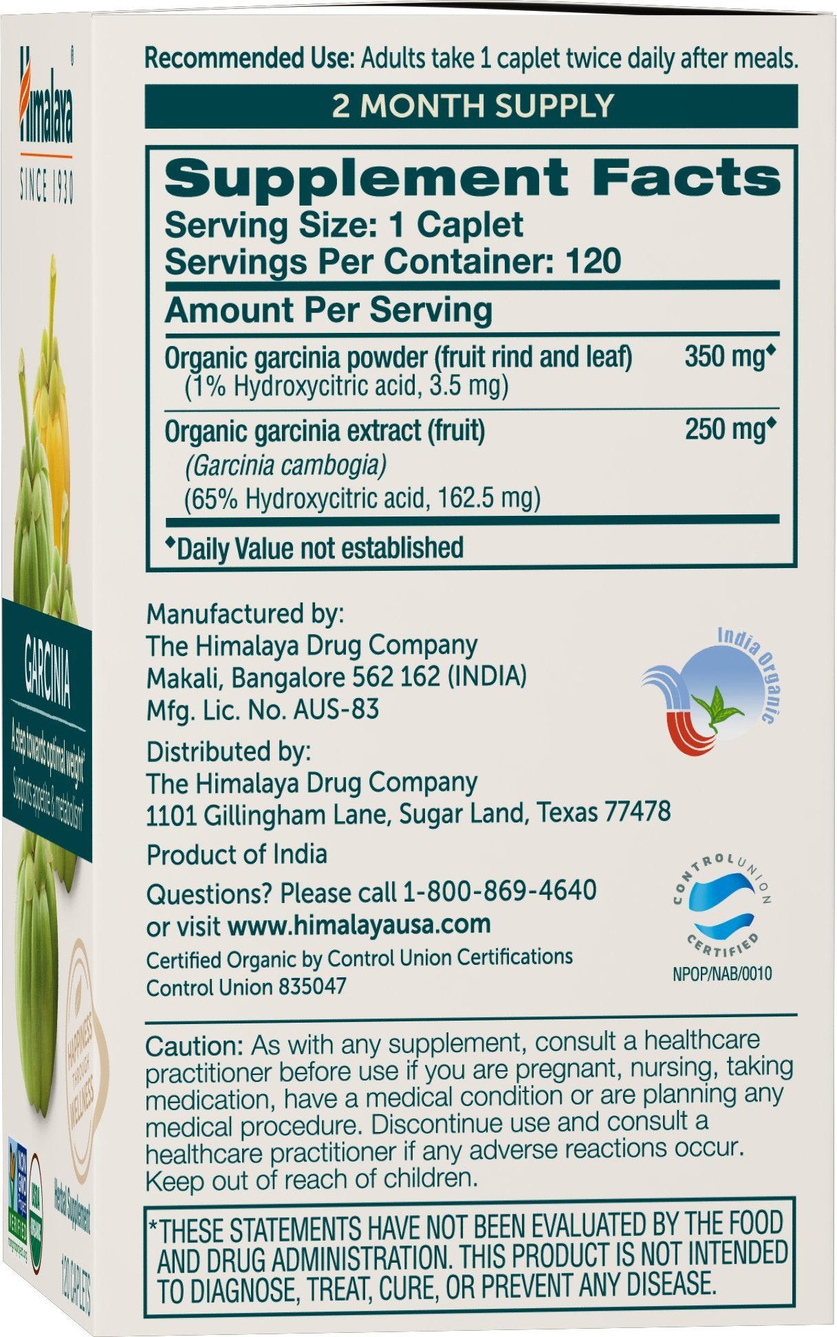 Himalaya Organic Garcinia Cambogia Herbal Supplement, Appetite Control, Lipid Metabolism, Weight Support, USDA Organic, Non-GMO, Vegan, 600 mg, 120 Plant-Based Caplets