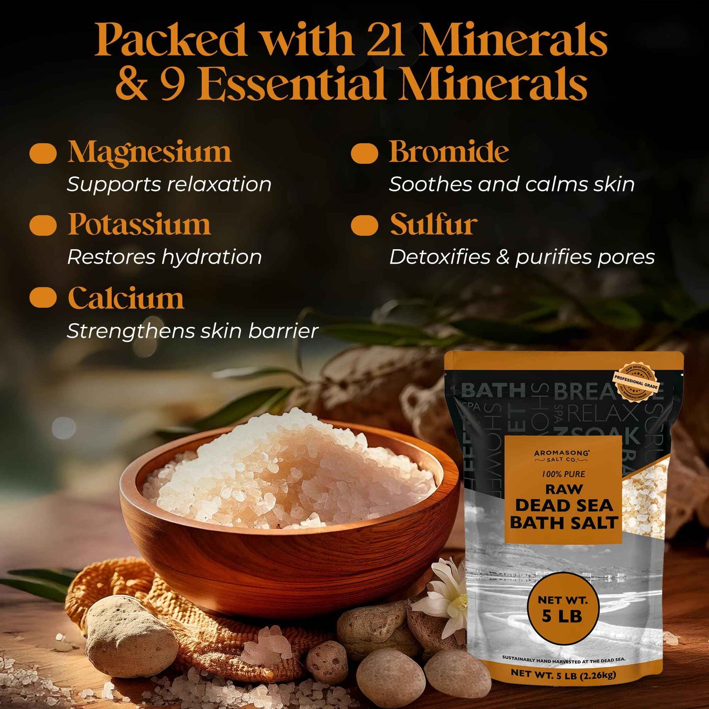 Aromasong Raw Dead Sea Salt for Soaking - Minimal Cleaned Bath Salt Soak - 10 Lbs (2 x 5 lb. Bags) Bulk Resealable Pack - Leaves Your Skin Softer Then Epsom Salt