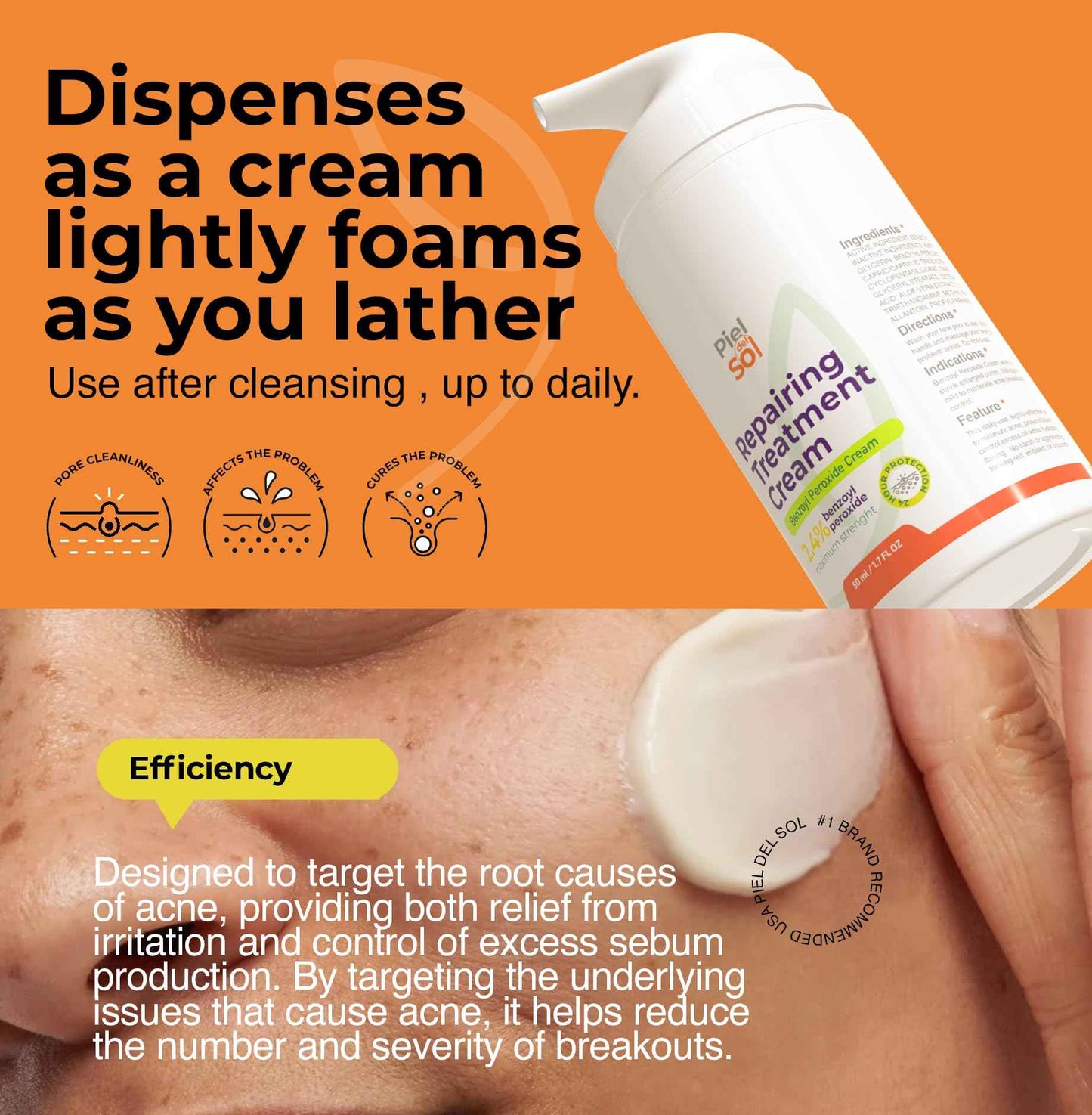 Piel del Sol cosmetics Acne Cleansing Cream & Repairing Treatment - Face & Body Skincare with Benzoyl Peroxide, Sweet Almond Oil, Tea Tree Oil, Aloe Vera Extract for Acne Spot Treatment, 50ml