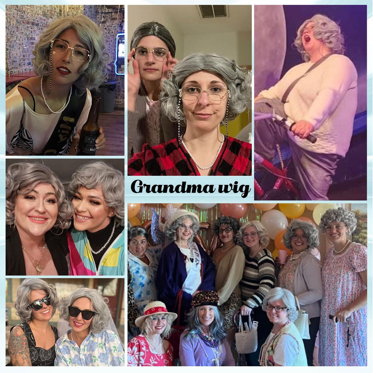 G&T Wig Old Lady Wig for Grandma Costume 100 Days of School Sliver Grey Curly Granny Wig For Old Women’s Cosplay Party Halloween Use (5pcs Set)