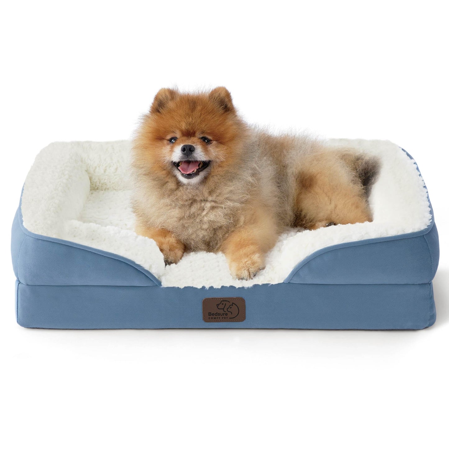 Bedsure Small Orthopedic Dog Bed - Calming Dog Sofa Beds for Small Dogs with Luxurious Short Plush, Pet Couch Bed with Removable Washable Cover, Waterproof Lining and Nonskid Bottom Couch, Faded Denim