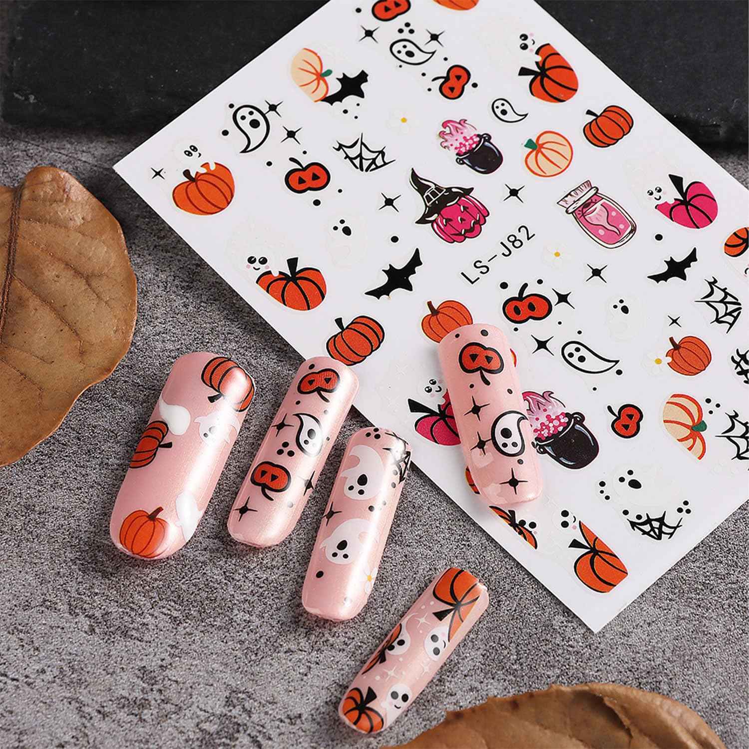 12 Sheets Halloween Nail Stickers Pumpkin Nail Decals 3D Self-Adhesive Ghost Spider Web Design Manicure Supplies Bat Cat Nail Art Sticker for Women Girls Holiday DIY Nail Decorations