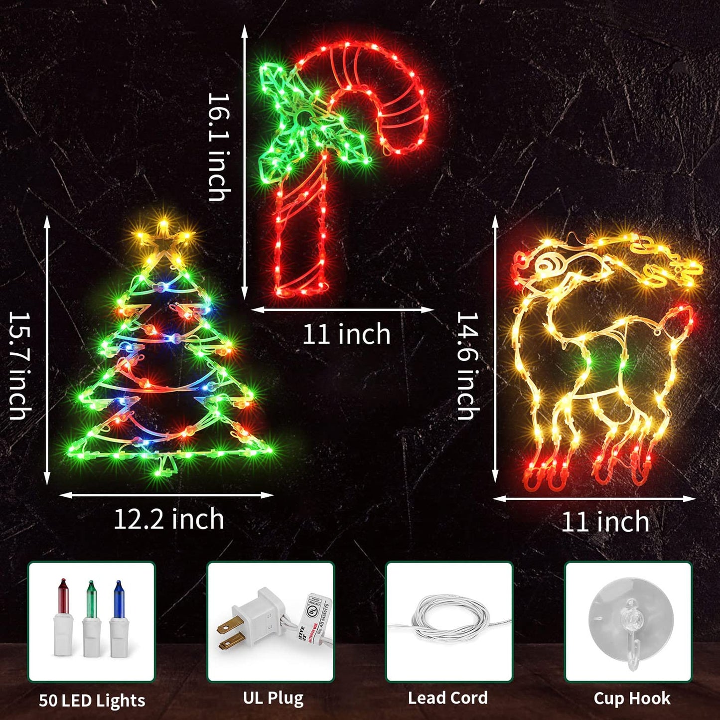 16" Christmas Window Silhouette Lights Decorations, 3 Pack Christmas Window Hanging Lights for Holiday Wall Indoor Window Decorations(Reindeer, Tree and Candy Cane)