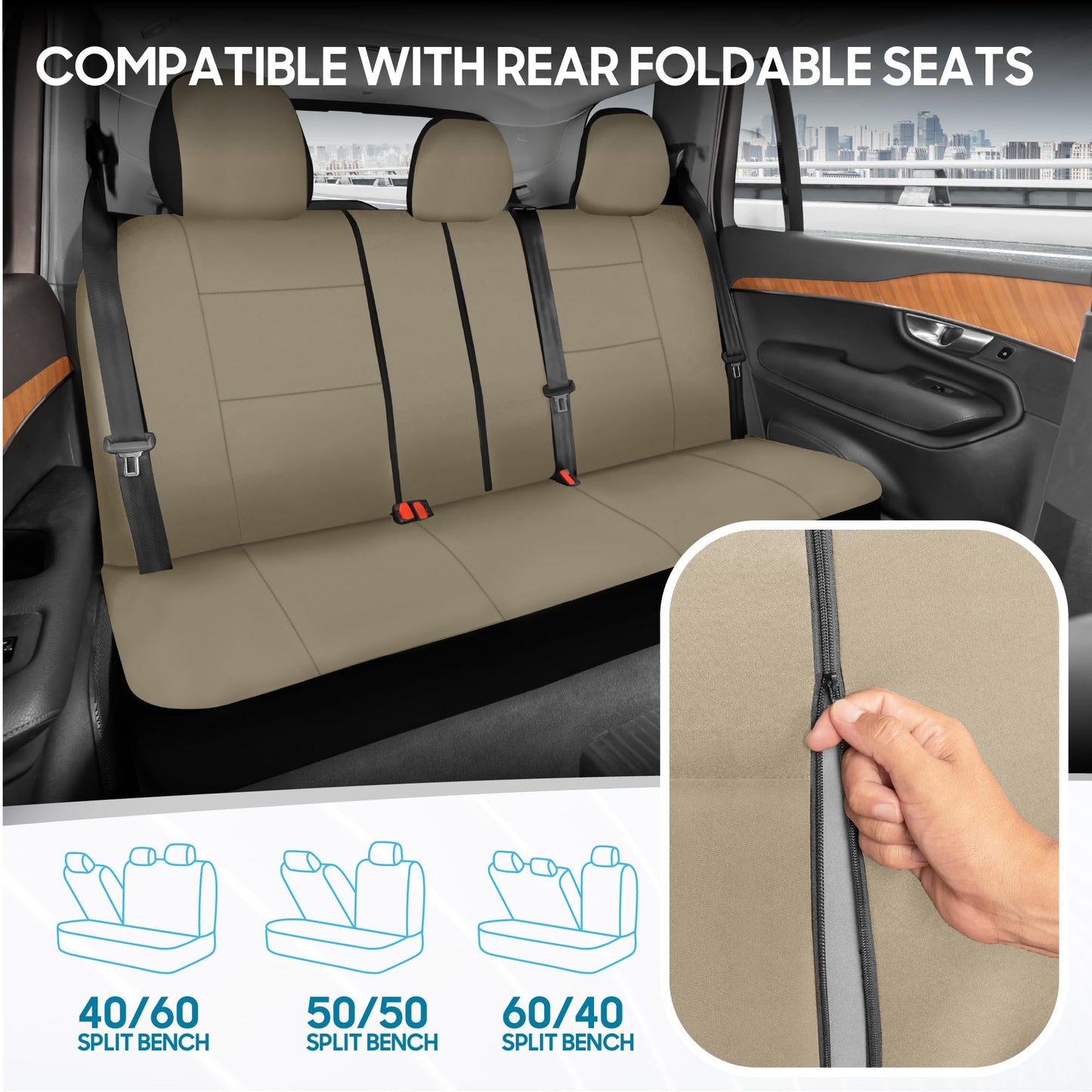 BDK PolyPro Seat Covers Full Set in Solid Beige – Front and Rear Split Bench Seat , Easy to Install for Auto Trucks Van SUV Car