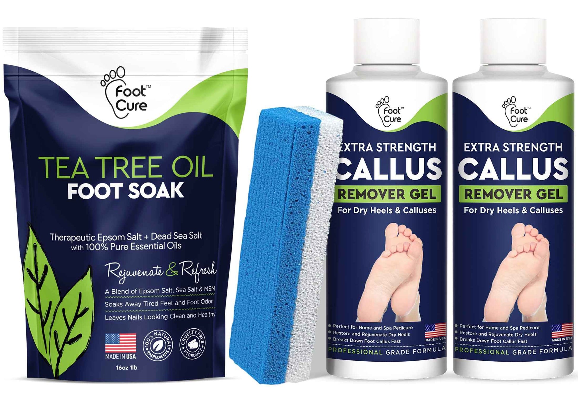 Tea Tree Oil Foot Soak with Epsom Salt Callus Remover for Feet with Extra Strength Gel & Foot Pumice Stone Set - Easy Way to Remove Hard Calluses & Dead Skin Build-Up - Professional at-Home Foot Care