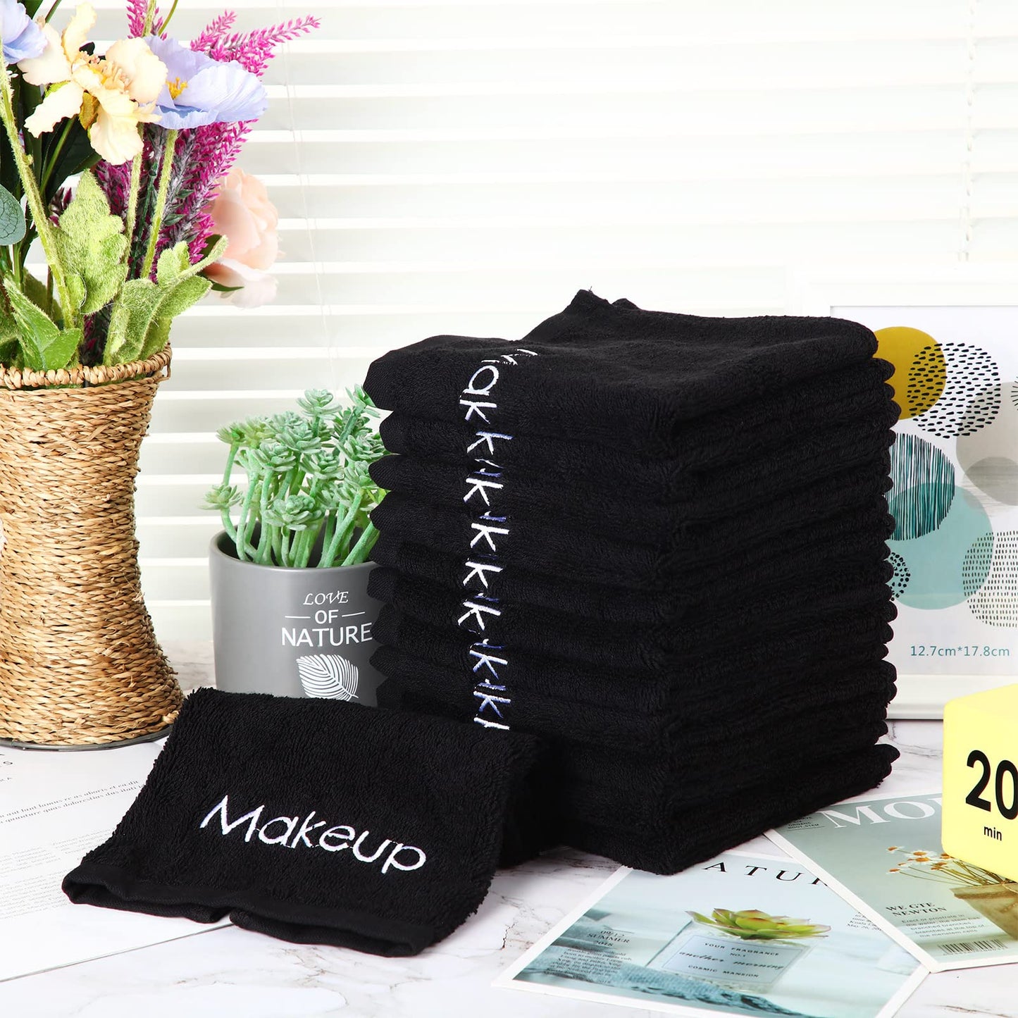 13 x 13 Inch Makeup Washcloths Reusable Makeup Remover Cloths Facial Cleansing Makeup Towels Cotton Soft Cosmetic Towel Water Absorbent Make up Cloth Face Towels for Women Skin Care, Black (12 Pcs)