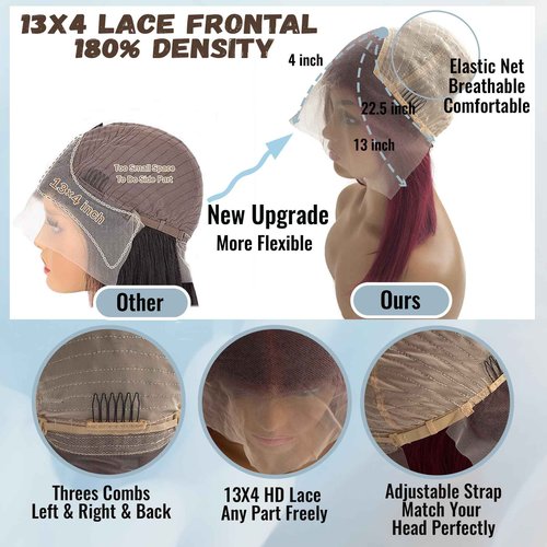 99J Burgundy Lace Front Wigs Human Hair Reddish Brown 13x4 Short Straight Bob Wig 180% Density HD Pre Plucked Glueless Lace Front Human Hair Wine Red bob wig Bleached Knots Natural Hairline 10Inch