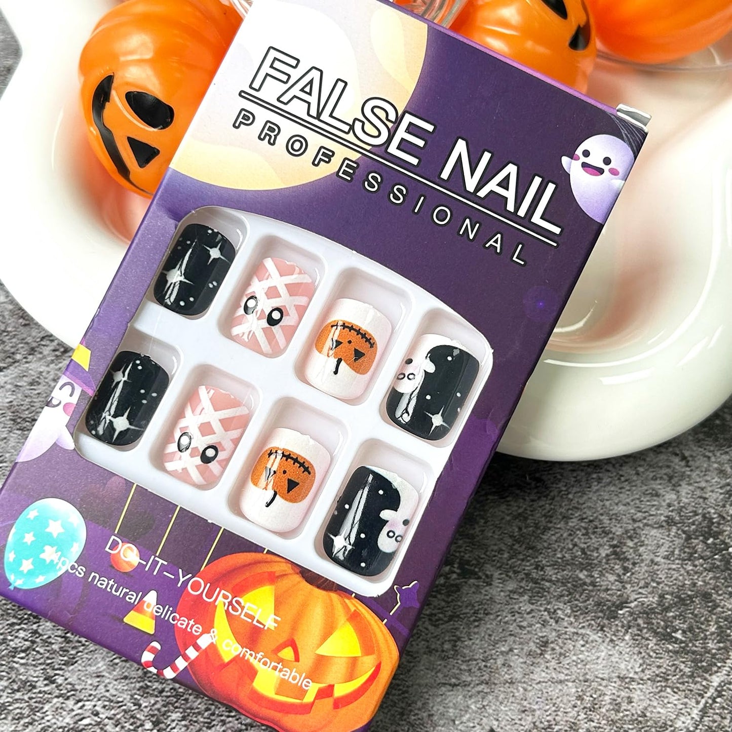 Halloween Press on Nails Short Square Fake Nails with Glue Cute Eye Stars Ghost Pumpkin False Nails Coffin Nail Tips Acrylic Artificial Glue Stick on Nails for Women Party Gift24pcs