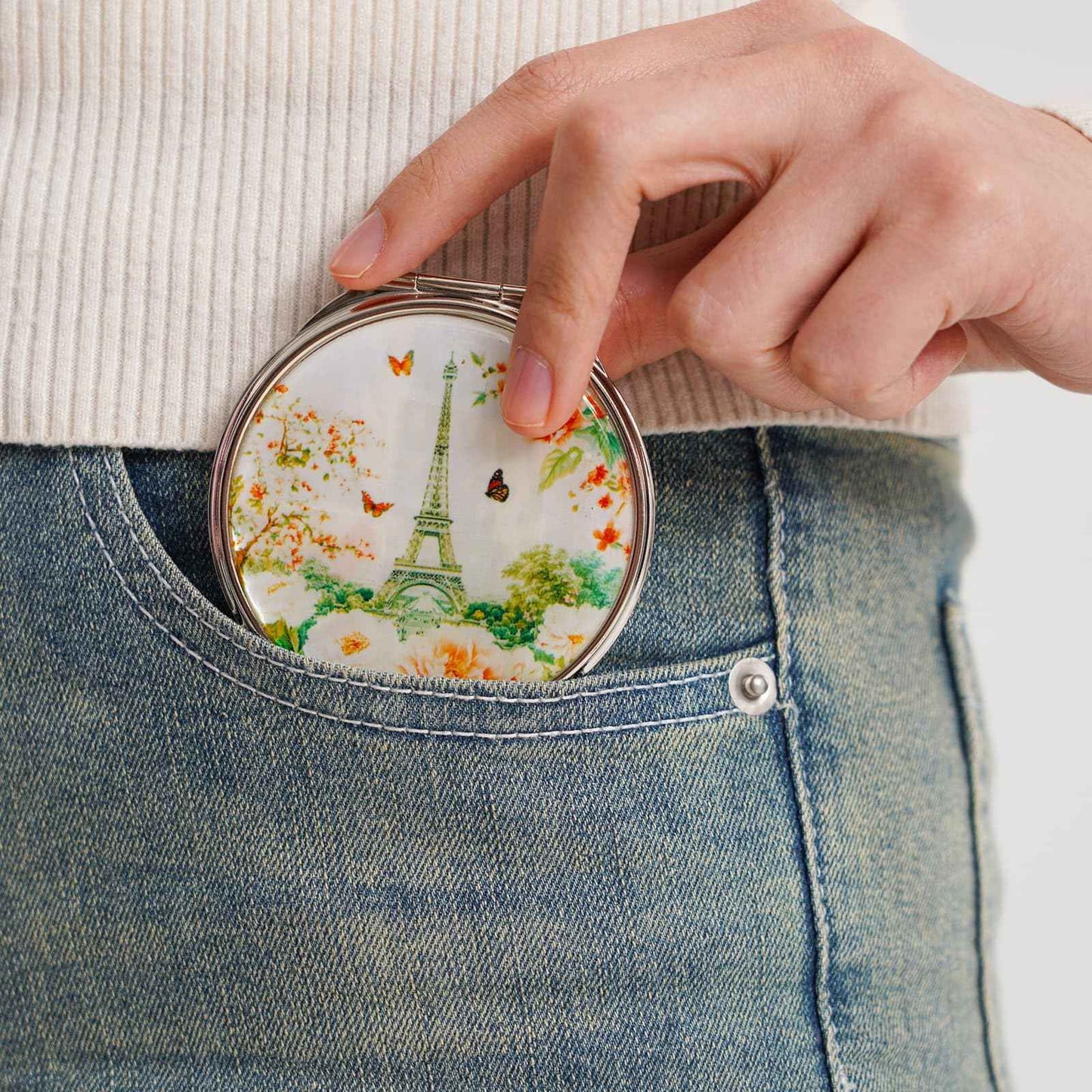 February Mountain Mother of Pearl Compact Mirror – Dual Magnification Gift for Women, Mom, Sister – Birthday or Christmas Idea (1, Paris in Bloom)