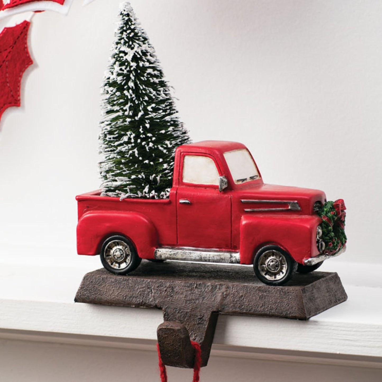 Sullivans Little Red Truck Holding a Christmas Tree Stocking Holders for Mantel, Christmas Stocking Holder for Fireplace, Stocking Hooks for Fireplace Stocking Holders for Holiday Decoration