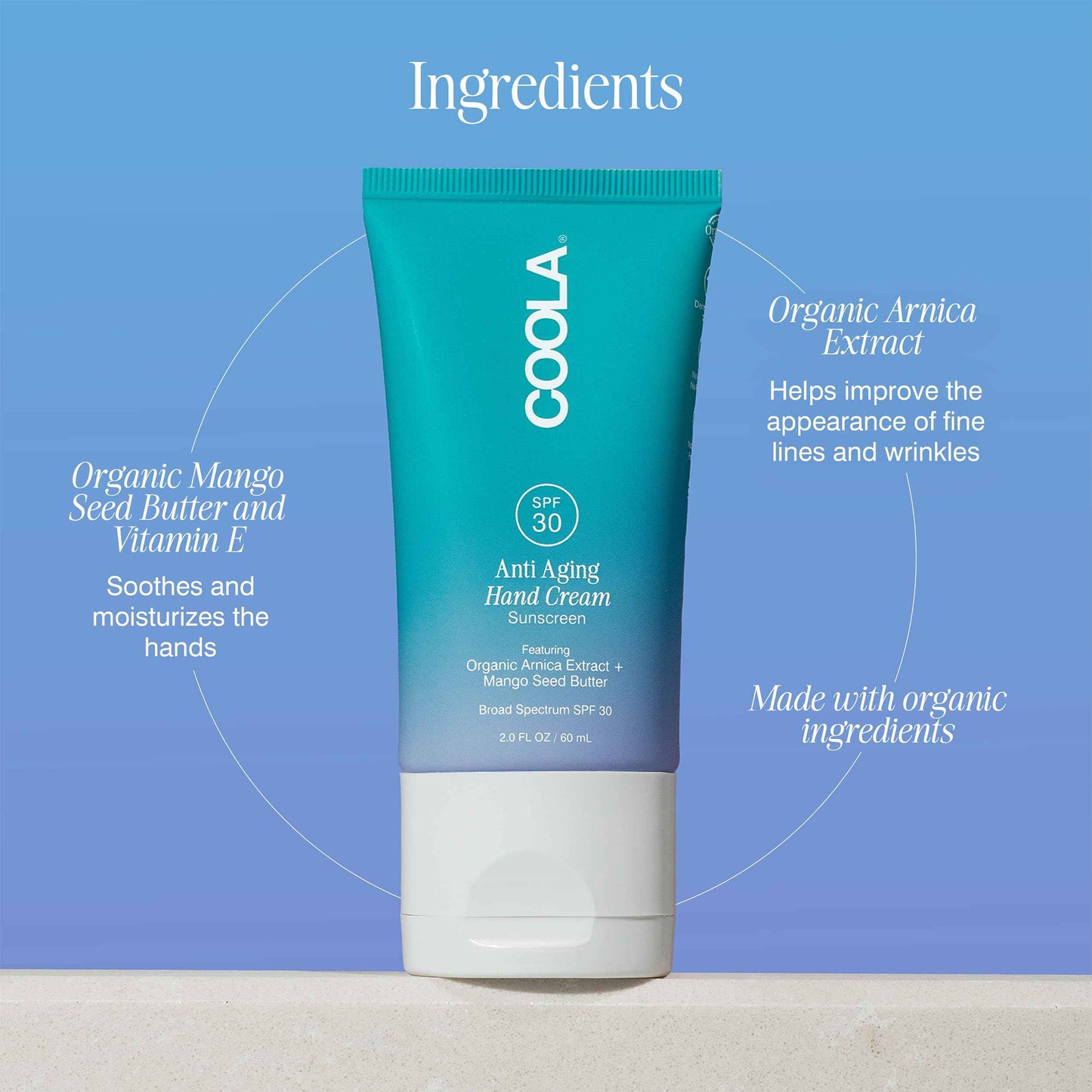 COOLA Anti-Aging Hand Cream with SPF 30, Dermatologist Tested Sunscreen, Mango Seed Butter, Vitamin E, Organic Arnica, Deeply Nourishing, Visibly Smooths Skin, 2 Fl Oz