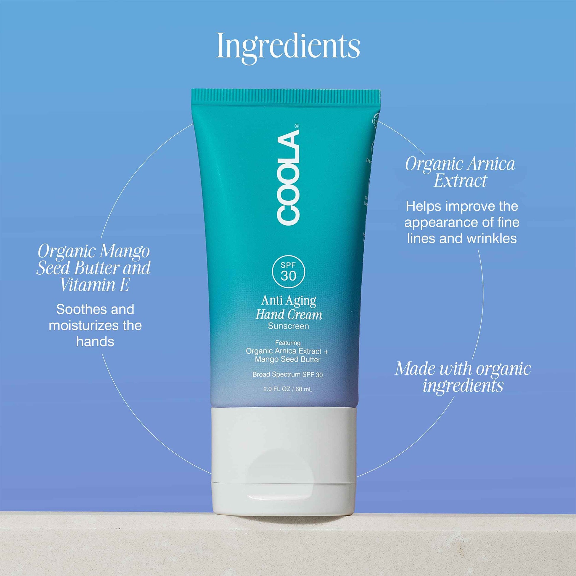 COOLA Anti-Aging Hand Cream with SPF 30, Dermatologist Tested Sunscreen, Mango Seed Butter, Vitamin E, Organic Arnica, Deeply Nourishing, Visibly Smooths Skin, 2 Fl Oz