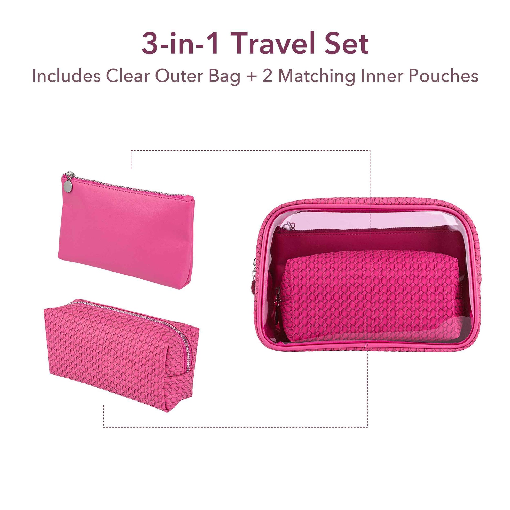 Sylune 3-in-1 Clear Toiletry Bag Set – Waterproof Travel Makeup Organizer with Textured Pouches, Transparent Cosmetic Case for Women (Pink)