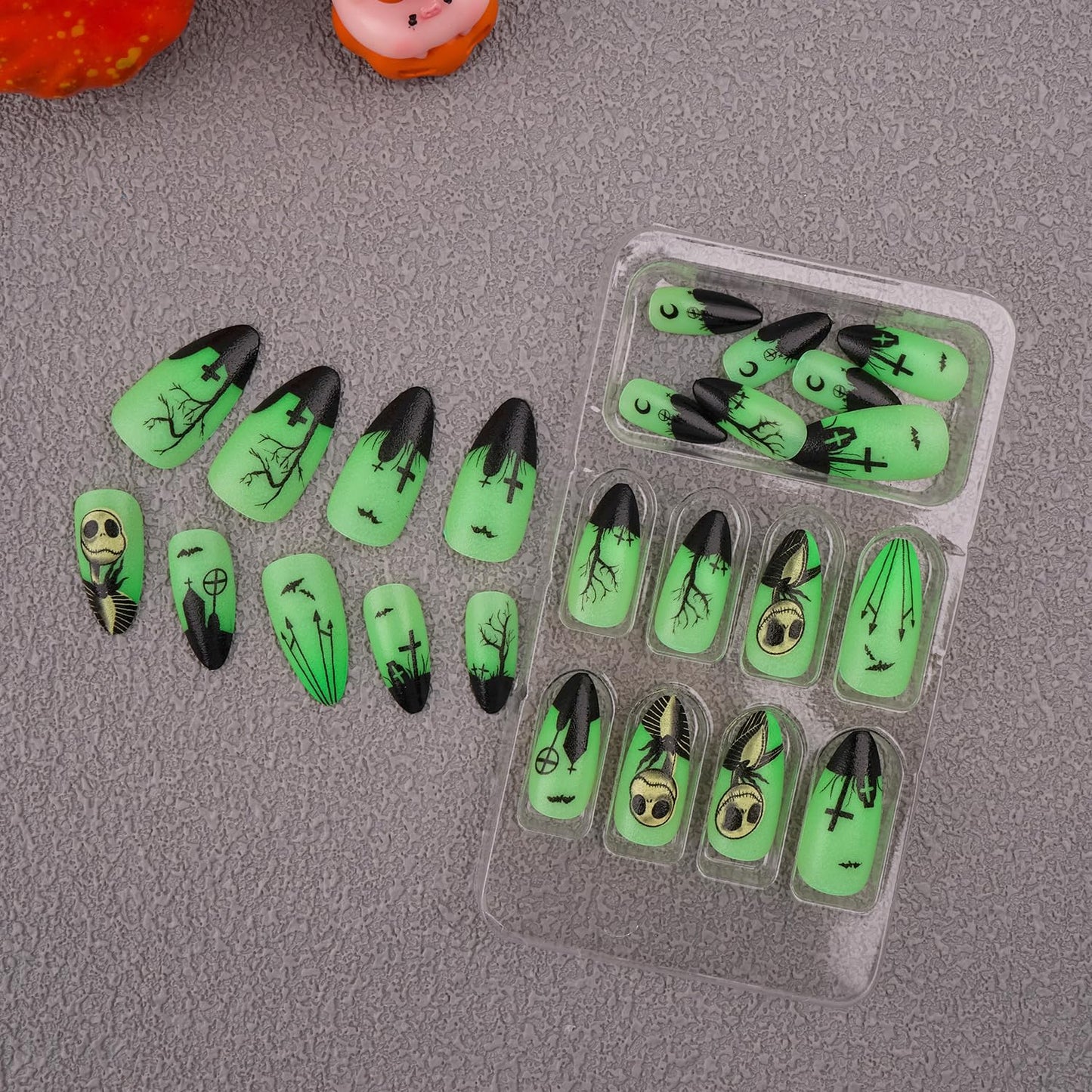 Pufandor Halloween Press on Nails Medium Almond Halloween Nails with Fluorescent Designs Fake Nails Glow At Night Horror Dolls Goth Nails Crosses Glossy False Nails for Women 24Pcs