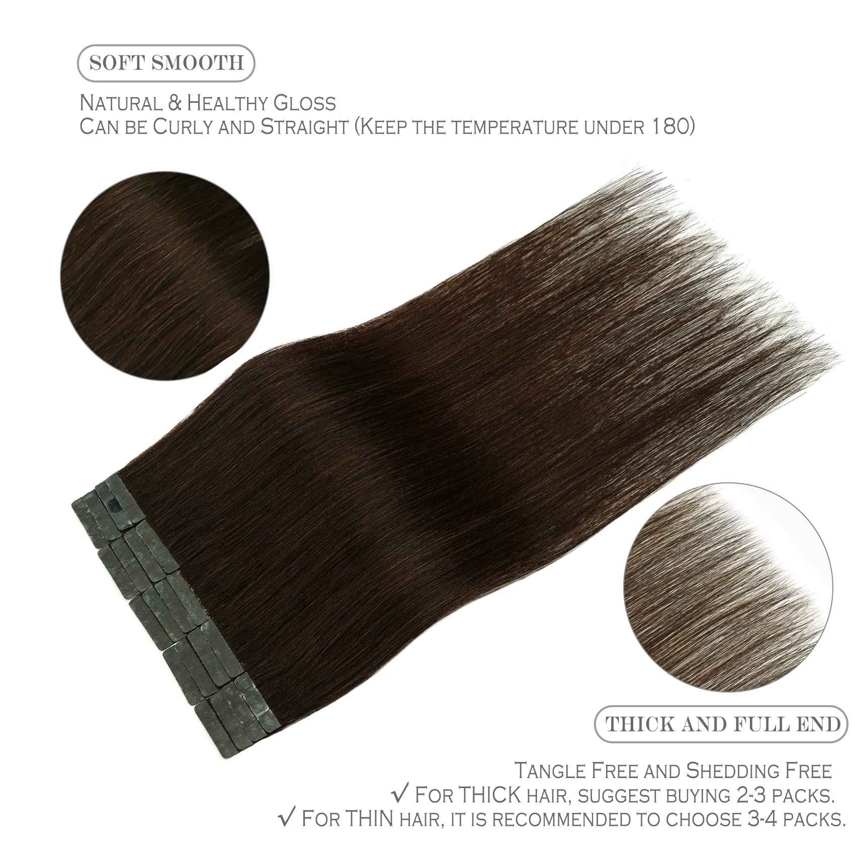 Purfasion Tape in Hair Extensions Remy Human Hair Dark Brown Invisible Skin Wef 22inch 60g 20 Pieces Staight Tape ins for Fashion Women