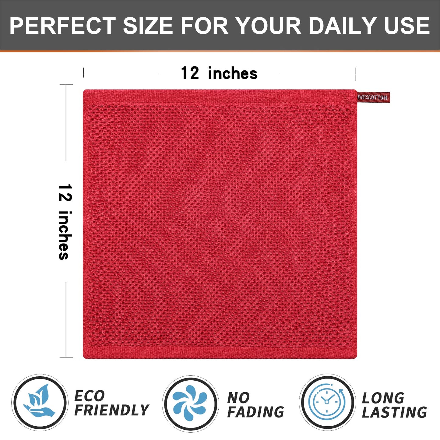 Kitinjoy 100% Cotton Kitchen Dish Cloths, 6 Pack Waffle Weave Ultra Soft Absorbent Dish Towels for Drying Dishes Quick Drying Kitchen Towels Dish Rags, 12 X 12 Inches, Red