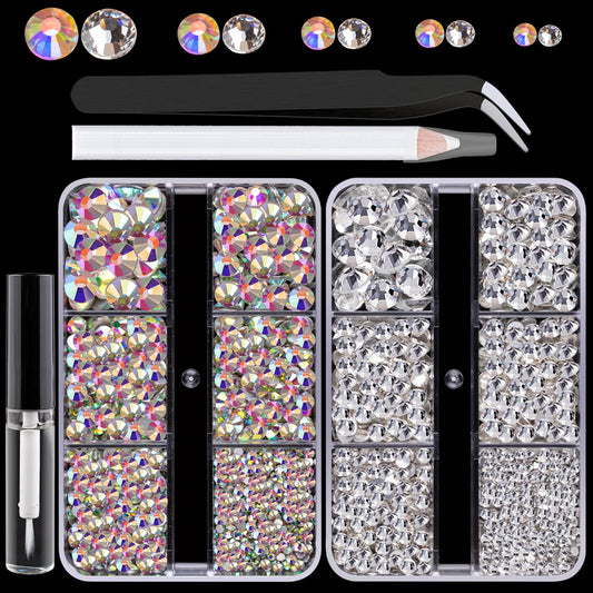 Colorful Face Gems for Makeup Set, Flatback Gorgeous Charming AB Glass Gems, Clear Glass Gems with Picker Pencil, Makeup Glue, Tweezer for Eye Body Hair Make-up and Nail Art Deco